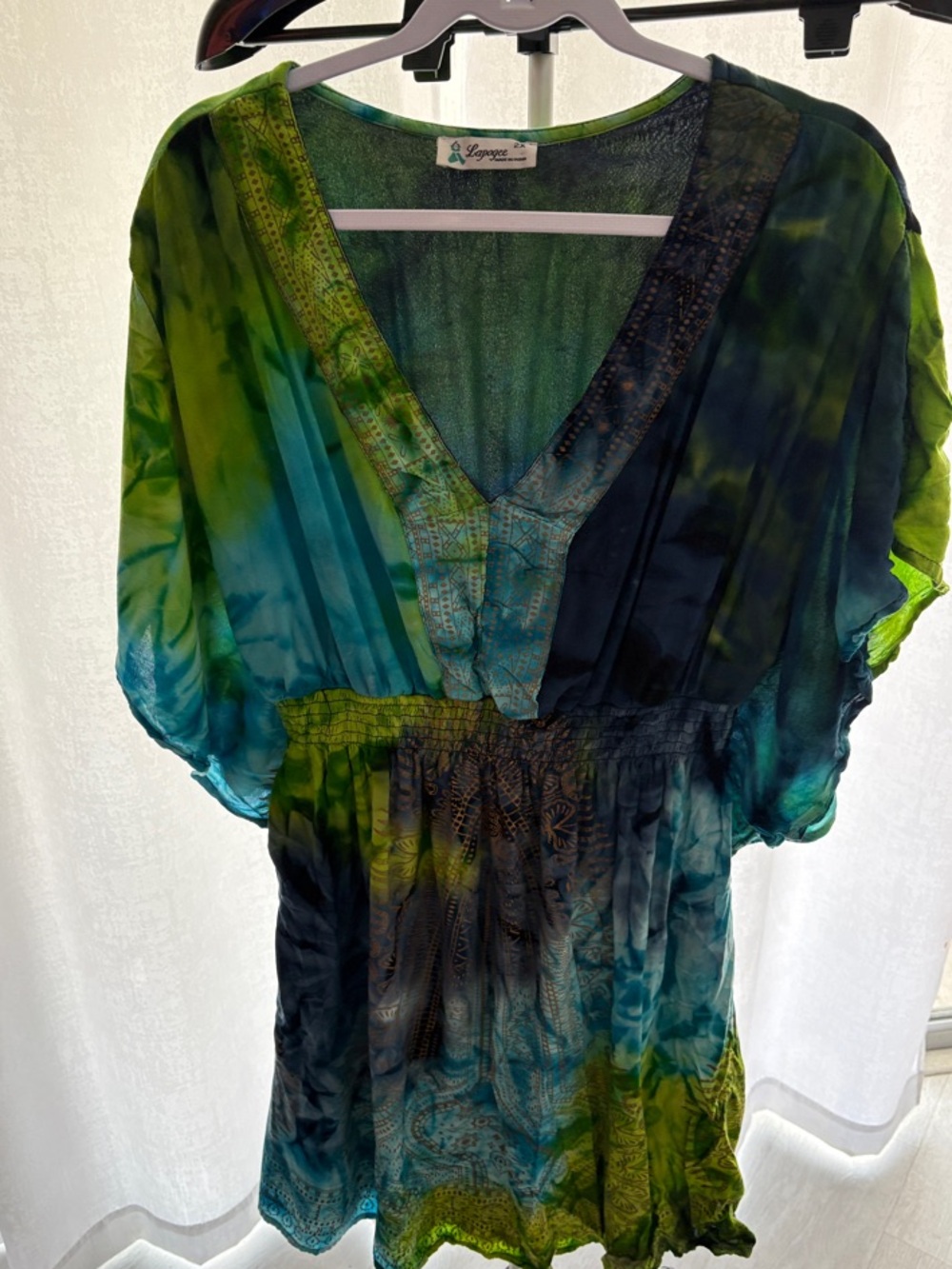 Lapogee Green & Teal Tie-Dye V-Neck dress made in India 2x